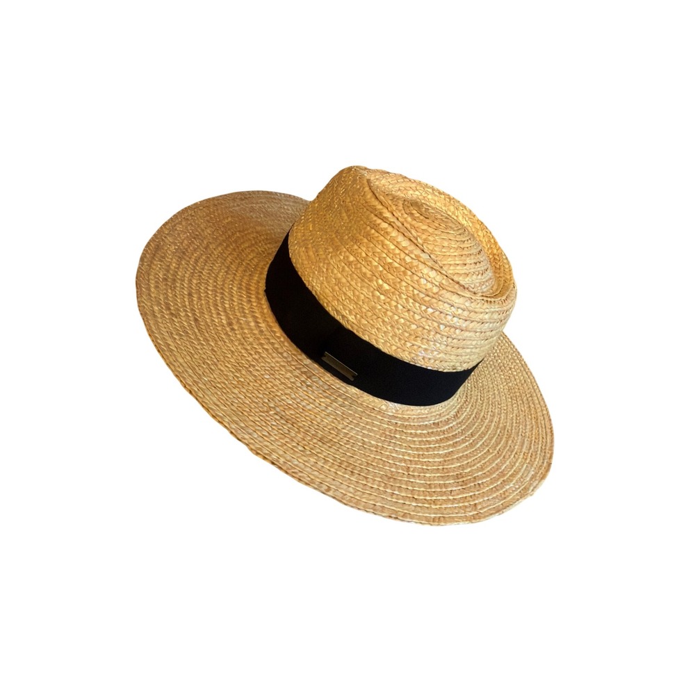 SkinMedica Straw Sun Hat Tan Black Ribbon Boater Wide Brim One Size